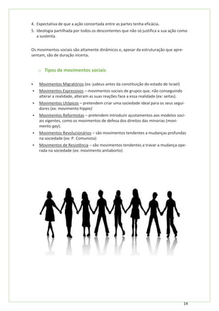 14
4. Expectativa de que a ação concertada entre as partes tenha eficácia.
5. Ideologia partilhada por todos os descontentes que não só justifica a sua ação como
a sustenta.
Os movimentos sociais são altamente dinâmicos e, apesar da estruturação que apre-
sentam, são de duração incerta.
o Tipos de movimentos sociais:
▪ Movimentos Migratórios (ex: judeus antes da constituição do estado de Israel)
▪ Movimentos Expressivos – movimentos sociais de grupos que, não conseguindo
alterar a realidade, alteram as suas reações face a essa realidade (ex: seitas).
▪ Movimentos Utópicos – pretendem criar uma sociedade ideal para os seus segui-
dores (ex: movimento hippie)
▪ Movimentos Reformistas – pretendem introduzir ajustamentos aos modelos soci-
ais vigentes, como os movimentos de defesa dos direitos das minorias (movi-
mento gay).
▪ Movimentos Revolucionários – são movimentos tendentes a mudanças profundas
na sociedade (ex: P. Comunista)
▪ Movimentos de Resistência – são movimentos tendentes a travar a mudança ope-
rada na sociedade (ex: movimento antiaborto)
 