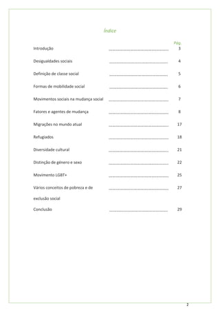 2
Índice
Pág.
Introdução ………………………………………….. 3
Desigualdades sociais …………………………………………. 4
Definição de classe social …………………………………………. 5
Formas de mobilidade social …………………………………………. 6
Movimentos sociais na mudança social ………………………………………….. 7
Fatores e agentes de mudança ………………………………………….. 8
Migrações no mundo atual ………………………………………….. 17
Refugiados ………………………………………….. 18
Diversidade cultural ………………………………………….. 21
Distinção de género e sexo ………………………………………….. 22
Movimento LGBT+ ………………………………………….. 25
Vários conceitos de pobreza e de
exclusão social
………………………………………….. 27
Conclusão …………………………………………. 29
 