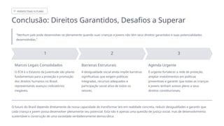 PERSPECTIVAS FUTURAS
Conclusão: Direitos Garantidos, Desafios a Superar
"Nenhum país pode desenvolver-se plenamente quando suas crianças e jovens não têm seus direitos garantidos e suas potencialidades
desenvolvidas."
Marcos Legais Consolidados
O ECA e o Estatuto da Juventude são pilares
fundamentais para a proteção e promoção
dos direitos humanos no Brasil,
representando avanços civilizatórios
inegáveis.
Barreiras Estruturais
A desigualdade social ainda impõe barreiras
significativas que exigem políticas
integradas, recursos adequados e
participação social ativa de todos os
setores.
Agenda Urgente
É urgente fortalecer a rede de proteção,
ampliar investimentos em políticas
preventivas e garantir que todas as crianças
e jovens tenham acesso pleno a seus
direitos constitucionais.
O futuro do Brasil depende diretamente de nossa capacidade de transformar leis em realidade concreta, reduzir desigualdades e garantir que
cada criança e jovem possa desenvolver plenamente seu potencial. Esta não é apenas uma questão de justiça social, mas de desenvolvimento
sustentável e construção de uma sociedade verdadeiramente democrática.
 