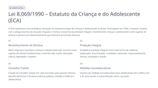 MARCO LEGAL
Lei 8.069/1990 – Estatuto da Criança e do Adolescente
(ECA)
O ECA representa uma verdadeira revolução no tratamento legal de crianças e adolescentes no Brasil. Promulgado em 1990, o estatuto rompeu
com a antiga doutrina da situação irregular e instituiu a doutrina da proteção integral, reconhecendo crianças e adolescentes como sujeitos de
direitos e pessoas em desenvolvimento que merecem prioridade absoluta.
01
Reconhecimento de Direitos
Marco legal que reconhece crianças e adolescentes (até 18 anos) como
sujeitos de direitos fundamentais, incluindo vida, saúde, educação,
cultura, dignidade e respeito.
02
Proteção Integral
Estabelece proteção integral contra toda forma de violência,
exploração, discriminação, crueldade e opressão, responsabilizando
família, sociedade e Estado.
03
Conselho Tutelar
Criação do Conselho Tutelar em cada município para garantir direitos,
atender denúncias e fiscalizar políticas públicas voltadas à infância e
adolescência.
04
Medidas Socioeducativas
Sistema de medidas socioeducativas para adolescentes em conflito com
a lei, priorizando a ressocialização sobre a punição.
 