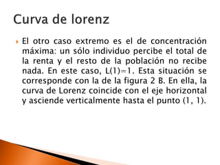    El otro caso extremo es el de concentración
    máxima: un sólo individuo percibe el total de
    la renta y el resto de la población no recibe
    nada. En este caso, L(1)=1. Esta situación se
    corresponde con la de la figura 2 B. En ella, la
    curva de Lorenz coincide con el eje horizontal
    y asciende verticalmente hasta el punto (1, 1).
 