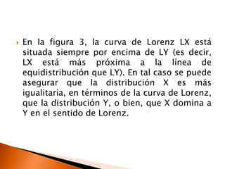    En la figura 3, la curva de Lorenz LX está
    situada siempre por encima de LY (es decir,
    LX está más próxima a la línea de
    equidistribución que LY). En tal caso se puede
    asegurar que la distribución X es más
    igualitaria, en términos de la curva de Lorenz,
    que la distribución Y, o bien, que X domina a
    Y en el sentido de Lorenz.
 