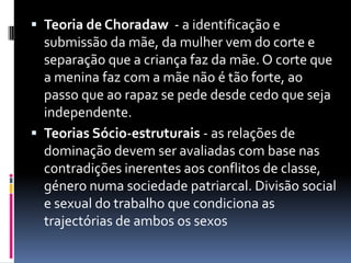Teoria de Choradaw  - a identificação e submissão da mãe, da mulher vem do corte e separação que a criança faz da mãe. O corte que a menina faz com a mãe não é tão forte, ao passo que ao rapaz se pede desde cedo que seja independente.Teorias Sócio-estruturais - as relações de dominação devem ser avaliadas com base nas contradições inerentes aos conflitos de classe, género numa sociedade patriarcal. Divisão social e sexual do trabalho que condiciona as trajectórias de ambos os sexos