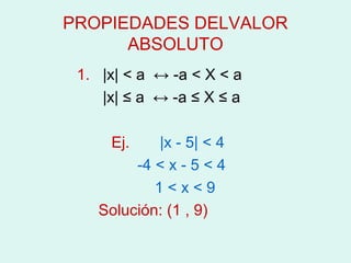 PROPIEDADES DELVALOR
      ABSOLUTO
 1. |x| < a ↔ -a < X < a
    |x| ≤ a ↔ -a ≤ X ≤ a

     Ej.    |x - 5| < 4
         -4 < x - 5 < 4
            1<x<9
    Solución: (1 , 9)
 