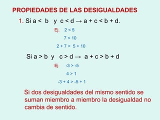 PROPIEDADES DE LAS DESIGUALDADES
 1. Si a < b y c < d → a + c < b + d.
             Ej.   2<5
                   7 < 10
              2 + 7 < 5 + 10

   Si a > b y c > d → a + c > b + d
             Ej    -3 > -5
                    4>1
              -3 + 4 > -5 + 1

   Si dos desigualdades del mismo sentido se
   suman miembro a miembro la desigualdad no
   cambia de sentido.
 
