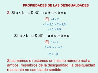 PROPIEDADES DE LAS DESIGUALDADES

2. Si a < b , c Є R → a ± c < b ± c
                      Ej. - 4 < 7
                     - 4 + 2,5 < 7 + 2,5
                         -1,5 < 9,5

    Si a > b , c Є R → a ± c > b ± c
                      Ej. 3 > -1
                      3 – 5 > -1 – 5

                         -2 > -3

Si sumamos o restamos un mismo número real a
ambos miembros de la desigualdad, la desigualdad
resultante no cambia de sentido.
 