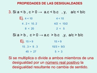 PROPIEDADES DE LAS DESIGUALDADES

3. Si a < b , c > 0 → a.c < b.c , y,     a/c < b/c
      Ej. 4 < 10             4 < 10
        4 . 2 < 10. 2       4/2 < 10/2
          8 < 20             2 < 5

  Si a > b , c > 0 → a.c > b.c ,y, a/c > b/c
       Ej. 15 > 9           15 > 9
        15 . 3 > 9 . 3    15/3 > 9/3
           45 > 27          5 > 3

Si se multiplica o divide a ambos miembros de una
  desigualdad por un número real positivo la
  desigualdad resultante no cambia de sentido.
 
