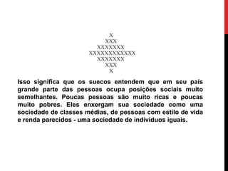 Isso significa que os suecos entendem que em seu país
grande parte das pessoas ocupa posições sociais muito
semelhantes. Poucas pessoas são muito ricas e poucas
muito pobres. Eles enxergam sua sociedade como uma
sociedade de classes médias, de pessoas com estilo de vida
e renda parecidos - uma sociedade de indivíduos iguais.
 
