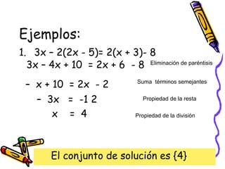 Ejemplos:
1. 3x – 2(2x - 5)= 2(x + 3)- 8
3x – 4x + 10 = 2x + 6 - 8 Eliminación de paréntisis
– x + 10 = 2x - 2 Suma términos semejantes
Propiedad de la resta
– 3x = -1 2
x = 4 Propiedad de la división
El conjunto de solución es {4}
 