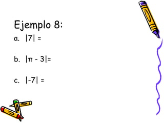 Ejemplo 8:
a. |7| =
b. |π - 3|=
c. |-7| =
 