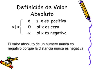 Definición de Valor
Absoluto
El valor absoluto de un número nunca es
negativo porque la distancia nunca es negativa.
x si x es positivo
|x| = 0 si x es cero
-x si x es negativo
 