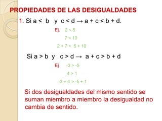 PROPIEDADES DE LAS DESIGUALDADES
1. Si a < b y c < d → a + c < b + d.
Ej.

2<5

7 < 10
2 + 7 < 5 + 10

Si a > b y c > d → a + c > b + d
Ej

-3 > -5
4>1

-3 + 4 > -5 + 1

Si dos desigualdades del mismo sentido se
suman miembro a miembro la desigualdad no
cambia de sentido.

 
