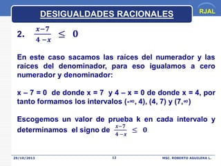 DESIGUALDADES RACIONALES

29/10/2013

12

RJAL

MSC. ROBERTO AGUILERA L.

 