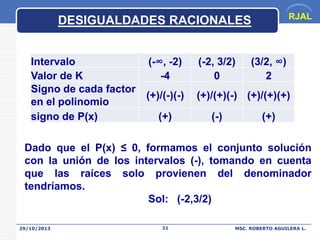RJAL

DESIGUALDADES RACIONALES
Intervalo
Valor de K
Signo de cada factor
en el polinomio
signo de P(x)

(3/2, ∞)
2

(-∞, -2)
-4

(-2, 3/2)
0

(+)/(-)(-)

(+)/(+)(-) (+)/(+)(+)

(+)

(-)

(+)

Dado que el P(x) ≤ 0, formamos el conjunto solución
con la unión de los intervalos (-), tomando en cuenta
que las raíces solo provienen del denominador
tendríamos.
Sol: (-2,3/2)
29/10/2013

21

MSC. ROBERTO AGUILERA L.

 