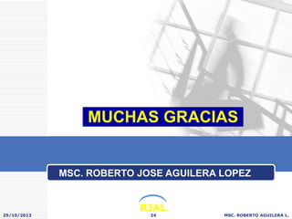 MUCHAS GRACIAS

MSC. ROBERTO JOSE AGUILERA LOPEZ

29/10/2013

RJAL
24

MSC. ROBERTO AGUILERA L.

 