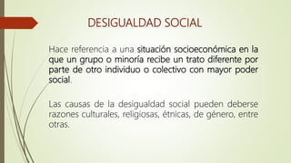 DESIGUALDAD SOCIAL
Hace referencia a una situación socioeconómica en la
que un grupo o minoría recibe un trato diferente por
parte de otro individuo o colectivo con mayor poder
social.
Las causas de la desigualdad social pueden deberse
razones culturales, religiosas, étnicas, de género, entre
otras.
 