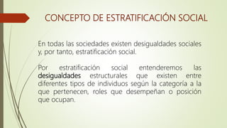 CONCEPTO DE ESTRATIFICACIÓN SOCIAL
En todas las sociedades existen desigualdades sociales
y, por tanto, estratificación social.
Por estratificación social entenderemos las
desigualdades estructurales que existen entre
diferentes tipos de individuos según la categoría a la
que pertenecen, roles que desempeñan o posición
que ocupan.
 