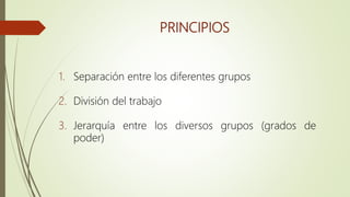PRINCIPIOS
1. Separación entre los diferentes grupos
2. División del trabajo
3. Jerarquía entre los diversos grupos (grados de
poder)
 