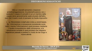 Marinella De Simone - CMLM 2015
“SISTEMI CHE OSSERVANO”
DISTORSIONI SEMANTICHE
Oltre ai «tranelli semantici» (reazione
protettiva/aggressione; incursione/invasione, ecc.)
esistono 3 coppie di concetti in cui un membro della
coppia viene generalmente usato al posto dell’altro,
così che il nostro modo di pensare ne risulta impoverito:
1. IL PROCESSO CONFUSO CON LA SOSTANZA
Es.: informazione e conoscenza considerate come
merci, mentre l’informazione è quel processo mediante
il quale si acquisiscono delle conoscenze, e la
conoscenza consiste in quei processi che integrano
esperienze passate e presenti in modo da dar luogo a
nuove attività
 