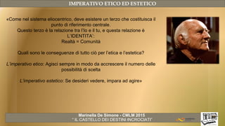 IMPERATIVO ETICO ED ESTETICO
Marinella De Simone - CMLM 2015
“ IL CASTELLO DEI DESTINI INCROCIATI”
«Come nel sistema eliocentrico, deve esistere un terzo che costituisca il
punto di riferimento centrale.
Questo terzo è la relazione tra l’Io e il tu, e questa relazione è
L’IDENTITA’:
Realtà = Comunità
Quali sono le conseguenze di tutto ciò per l’etica e l’estetica?
L’imperativo etico: Agisci sempre in modo da accrescere il numero delle
possibilità di scelta
L’imperativo estetico: Se desideri vedere, impara ad agire»
 