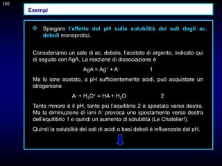 105
 Spiegare l’effetto del pH sulla solubilità dei sali degli ac.
deboli monoprotici.
Consideriamo un sale di ac. debole, l’acetato di argento, indicato qui
di seguito con AgA. La reazione di dissociazione è
AgA = Ag+ + A- 1
Ma lo ione acetato, a pH sufficientemente acidi, può acquistare un
idrogenione
A- + H3O+ = HA + H2O 2
Tanto minore è il pH, tanto più l’equilibrio 2 è spostato verso destra.
Ma la diminuzione di ioni A- provoca uno spostamento verso destra
dell’equilibrio 1 e quindi un aumento di solubilità (Le Chatelier!).
Quindi la solubilità dei sali di acidi o basi deboli è influenzata dal pH.
105
Esempi
 