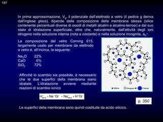 In prima approssimazione, Vg, il potenziale dell’elettrodo a vetro (il pedice g deriva
dall'inglese glass), dipende dalla composizione della membrana stessa (silice
contenente percentuali diverse di ossidi di metalli alcalini e alcalino-terrosi) e dal suo
stato di idratazione superficiale, oltre che, naturalmente, dall'attività degli ioni
idrogeno nella soluzione interna (nota e costante) e nella soluzione incognita, aH
+.
La composizione del vetro Corning 015,
largamente usato per membrane da elettrodo
a vetro è, all’incirca, la seguente:
Na2O 22%
CaO 6%
SiO2 72%
Le superfici della membrana sono quindi costituite da acido silicico.
Affinché lo scambio sia possibile, è necessario
che le due superfici della membrana siano
idratate. L’idratazione avviene mediante
reazioni di scambio ionico








 Gl
H
Na
Gl
Na
H acq
acq
p. 350
197
 