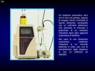 Un titolatore automatico altro
non è che una pompa, capace
di erogare volumi controllati di
liquido (titolante), accoppiata
con un voltmetro elettronico
che permette di misurare il
potenziale di un elettrodo
indicatore dopo ogni aggiunta
automatica di titolante.
Nel caso di una titolazione
acido-base, l’elettrodo
indicatore è un normale
elettrodo a vetro, per una di
precipitazione degli alogenuri
si usa un elettrodo ad
Ag/AgCl.
204
 