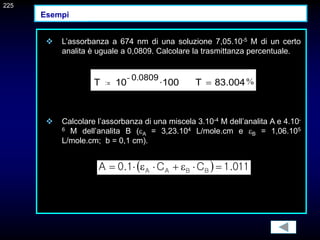  Calcolare l’assorbanza di una miscela 3.10-4 M dell’analita A e 4.10-
6 M dell’analita B (A = 3,23.104 L/mole.cm e B = 1,06.105
L/mole.cm; b = 0,1 cm).
 L’assorbanza a 674 nm di una soluzione 7,05.10-5 M di un certo
analita è uguale a 0,0809. Calcolare la trasmittanza percentuale.
T 10
0.0809
100
 T 83.004
 %
225
Esempi
  011
.
1
C
C
1
.
0
A B
B
A
A 







 
