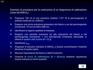 Esempio di procedura per la costruzione di un diagramma di calibrazione
(caso del KMnO4)
Preparare 100 ml di una soluzione (madre) 1.10-4 M di permanganato di
potassio acida per ac. solforico.
Eseguire una prima scansione grossolana del bianco e poi del permanganato
(incrementi: 10 nm) tra 400 e 800 nm.
Identificare la regione spettrale di interesse.
Eseguire una seconda scansione ad alta risoluzione del bianco e del
permanganato (incrementi: 1 nm) nell’intervallo d’interesse dell’analita: si
ottiene lo spettro dell’analita (A = f()).
Identificare Max.
Preparare N soluzioni standard di KMnO4 a diverse concentrazioni mediante
diluizione di quella madre.
Misurare l'assorbanza del bianco e delle N soluzioni.
Costruire la curva di calibrazione (A = f(Conc)) mediante regressione
lineare ordinaria ai minimi quadrati.
231
 