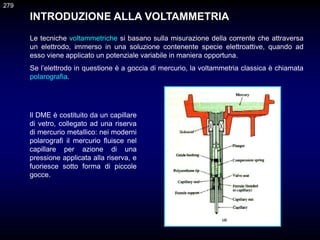 INTRODUZIONE ALLA VOLTAMMETRIA
Le tecniche voltammetriche si basano sulla misurazione della corrente che attraversa
un elettrodo, immerso in una soluzione contenente specie elettroattive, quando ad
esso viene applicato un potenziale variabile in maniera opportuna.
Se l’elettrodo in questione è a goccia di mercurio, la voltammetria classica è chiamata
polarografia.
Il DME è costituito da un capillare
di vetro, collegato ad una riserva
di mercurio metallico: nei moderni
polarografi il mercurio fluisce nel
capillare per azione di una
pressione applicata alla riserva, e
fuoriesce sotto forma di piccole
gocce.
279
 