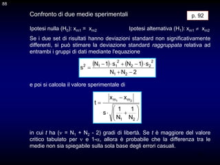 88
Confronto di due medie sperimentali
Ipotesi nulla (H0): xm1 = xm2 Ipotesi alternativa (H1): xm1  xm2
Se i due set di risultati hanno deviazioni standard non significativamente
differenti, si può stimare la deviazione standard raggruppata relativa ad
entrambi i gruppi di dati mediante l'equazione
e poi si calcola il valore sperimentale di
in cui t ha ( = N1 + N2 - 2) gradi di libertà. Se t è maggiore del valore
critico tabulato per  e 1-, allora è probabile che la differenza tra le
medie non sia spiegabile sulla sola base degli errori casuali.
p. 92
   
2
N
N
s
1
N
s
1
N
s
2
1
2
2
2
2
1
1
2




















2
1
m
m
N
1
N
1
s
x
x
t 2
1
88
 
