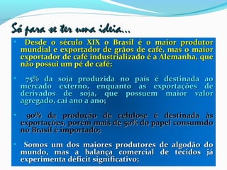 Só para se ter uma ideia...Só para se ter uma ideia...
• Desde o século XIX o Brasil é o maior produtorDesde o século XIX o Brasil é o maior produtor
mundial e exportador de grãos de café, mas o maiormundial e exportador de grãos de café, mas o maior
exportador de café industrializado é a Alemanha, queexportador de café industrializado é a Alemanha, que
não possui um pé de café;não possui um pé de café;
• 75% da soja produzida no país é destinada ao75% da soja produzida no país é destinada ao
mercado externo, enquanto as exportações demercado externo, enquanto as exportações de
derivados de soja, que possuem maior valorderivados de soja, que possuem maior valor
agregado, cai ano a ano;agregado, cai ano a ano;
• 90% da produção de celulose é destinada às90% da produção de celulose é destinada às
exportações, porém mais de 50% do papel consumidoexportações, porém mais de 50% do papel consumido
no Brasil é importado;no Brasil é importado;
• Somos um dos maiores produtores de algodão doSomos um dos maiores produtores de algodão do
mundo, mas a balança comercial de tecidos jámundo, mas a balança comercial de tecidos já
experimenta déficit significativo;experimenta déficit significativo;
 