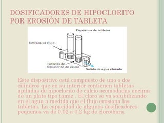 DOSIFICADORES DE HIPOCLORITO POR EROSIÓN DE TABLETA Este dispositivo está compuesto de uno o dos cilindros que en su interior contienen tabletas apiladas de hipoclorito de calcio acomodadas encima de un plato tipo tamiz . El cloro se va solubilizando en el agua a medida que el flujo erosiona las tabletas. La capacidad de algunos dosificadores pequeños va de 0.02 a 0.2 kg de cloro/hora. 