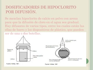 DOSIFICADORES DE HIPOCLORITO POR DIFUSIÓN. Se mezclan hipoclorito de calcio en polvo con arena para que la difusión de cloro en el agua sea gradual. Hay difusores de varios tipos, entre los cuales están las ollas de barro y los dispositivos de plástico, que pueden ser de una o dos botellas. 