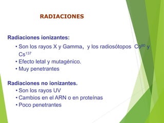 RADIACIONES
Radiaciones ionizantes:
• Son los rayos X y Gamma, y los radiosótopos Co60 y
Cs137
• Efecto letal y mutagénico.
• Muy penetrantes
Radiaciones no ionizantes.
• Son los rayos UV
• Cambios en el ARN o en proteínas
• Poco penetrantes
 