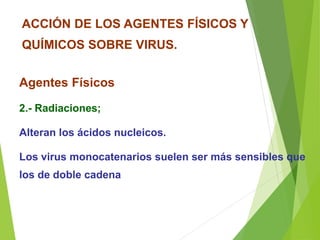 Agentes Físicos
2.- Radiaciones;
Alteran los ácidos nucleicos.
Los virus monocatenarios suelen ser más sensibles que
los de doble cadena
ACCIÓN DE LOS AGENTES FÍSICOS Y
QUÍMICOS SOBRE VIRUS.
 