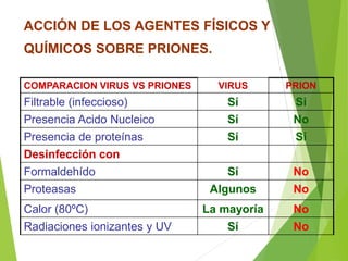 COMPARACION VIRUS VS PRIONES VIRUS PRION
Filtrable (infeccioso) Sí Si
Presencia Acido Nucleico Sí No
Presencia de proteínas Sí Sí
Desinfección con
Formaldehído Sí No
Proteasas Algunos No
Calor (80ºC) La mayoría No
Radiaciones ionizantes y UV Sí No
ACCIÓN DE LOS AGENTES FÍSICOS Y
QUÍMICOS SOBRE PRIONES.
 