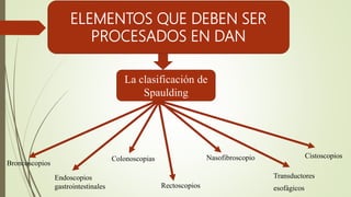 ELEMENTOS QUE DEBEN SER
PROCESADOS EN DAN
La clasificación de
Spaulding
Broncoscopios
Endoscopios
gastrointestinales
Colonoscopias
Rectoscopios
Nasofibroscopio
Transductores
esofágicos
Cistoscopios
 