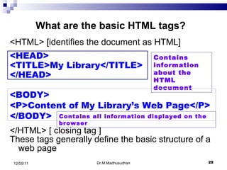 <HTML> [identifies the document as HTML] </HTML> [ closing tag ] These tags generally define the basic structure of a web page What are the basic HTML tags? Dr.M.Madhusudhan 12/05/11 <HEAD>  <TITLE>My Library</TITLE> </HEAD> Contains information about the HTML document <BODY> <P>Content of My Library’s Web Page</P> </BODY> Contains all information displayed on the browser 
