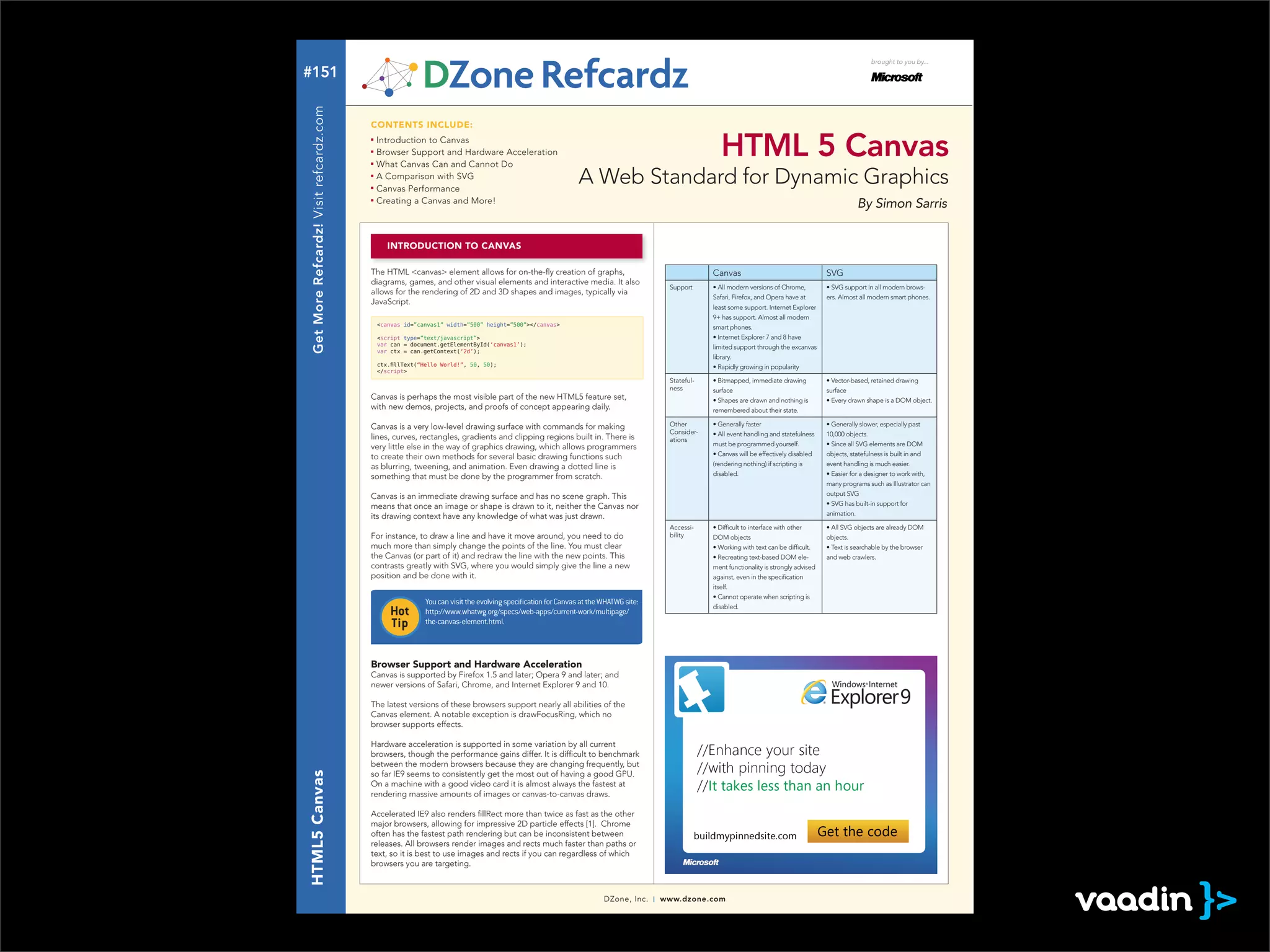brought to you by...

#151




 Get More Refcardz! Visit refcardz.com
                                         CONTENTS INCLUDE:
                                          Introduction to Canvas
                                                                                                                                                     HTML 5 Canvas
                                          A Comparison with SVG
                                          Canvas Performance
                                          Creating a Canvas and More!                                                                                                                                   By Simon Sarris


                                             INTRODUCTION TO CANVAS

                                         The HTML <canvas> element allows for on-the-ﬂy creation of graphs,                                       Canvas                                   SVG
                                         diagrams, games, and other visual elements and interactive media. It also
                                                                                                                                      Support                                                                               -
                                         allows for the rendering of 2D and 3D shapes and images, typically via
                                                                                                                                                  Safari, Firefox, and Opera have at       ers. Almost all modern smart phones.
                                         JavaScript.
                                                                                                                                                  least some support. Internet Explorer
                                                                                                                                                  9+ has support. Almost all modern
                                          <canvas id=”canvas1” width=”500” height=”500”></canvas>                                                 smart phones.
                                          <script type=”text/javascript”>
                                          var can = document.getElementById(‘canvas1’);                                                           limited support through the excanvas
                                          var ctx = can.getContext(‘2d’);
                                                                                                                                                  library.
                                                      “Hello World!”, 50, 50);
                                          </script>
                                                                                                                                      Stateful-
                                                                                                                                      ness        surface                                  surface
                                         Canvas is perhaps the most visible part of the new HTML5 feature set,
                                         with new demos, projects, and proofs of concept appearing daily.                                         remembered about their state.

                                         Canvas is a very low-level drawing surface with commands for making                          Other
                                                                                                                                      Consider-                                            10,000 objects.
                                         lines, curves, rectangles, gradients and clipping regions built in. There is                 ations
                                         very little else in the way of graphics drawing, which allows programmers                                must be programmed yourself.
                                         to create their own methods for several basic drawing functions such                                                                              objects, statefulness is built in and
                                         as blurring, tweening, and animation. Even drawing a dotted line is                                      (rendering nothing) if scripting is      event handling is much easier.
                                         something that must be done by the programmer from scratch.                                              disabled.
                                                                                                                                                                                           many programs such as Illustrator can
                                         Canvas is an immediate drawing surface and has no scene graph. This                                                                               output SVG
                                         means that once an image or shape is drawn to it, neither the Canvas nor
                                         its drawing context have any knowledge of what was just drawn.                                                                                    animation.

                                                                                                                                      Accessi-
                                         For instance, to draw a line and have it move around, you need to do                         bility      DOM objects                              objects.
                                         much more than simply change the points of the line. You must clear
                                         the Canvas (or part of it) and redraw the line with the new points. This                                                                    -     and web crawlers.
                                         contrasts greatly with SVG, where you would simply give the line a new                                   ment functionality is strongly advised
                                         position and be done with it.                                                                            against, even in the speciﬁcation
                                                                                                                                                  itself.

                                                        You can visit the evolving speciﬁcation for Canvas at the WHATWG site:
                                              Hot       http://www.whatwg.org/specs/web-apps/current-work/multipage/
                                                                                                                                                  disabled.

                                              Tip       the-canvas-element.html.



                                         Browser Support and Hardware Acceleration
                                         Canvas is supported by Firefox 1.5 and later; Opera 9 and later; and
                                         newer versions of Safari, Chrome, and Internet Explorer 9 and 10.

                                         The latest versions of these browsers support nearly all abilities of the
                                         Canvas element. A notable exception is drawFocusRing, which no
                                         browser supports effects.

                                         Hardware acceleration is supported in some variation by all current
                                         browsers, though the performance gains differ. It is difﬁcult to benchmark
                                         between the modern browsers because they are changing frequently, but
                                         so far IE9 seems to consistently get the most out of having a good GPU.
HTML5 Canvas




                                         On a machine with a good video card it is almost always the fastest at
                                         rendering massive amounts of images or canvas-to-canvas draws.

                                         Accelerated IE9 also renders ﬁllRect more than twice as fast as the other
                                         major browsers, allowing for impressive 2D particle effects [1]. Chrome
                                         often has the fastest path rendering but can be inconsistent between
                                         releases. All browsers render images and rects much faster than paths or
                                         text, so it is best to use images and rects if you can regardless of which
                                         browsers you are targeting.



                                                                                                                  DZone, Inc.    |   www.dzone.com
 