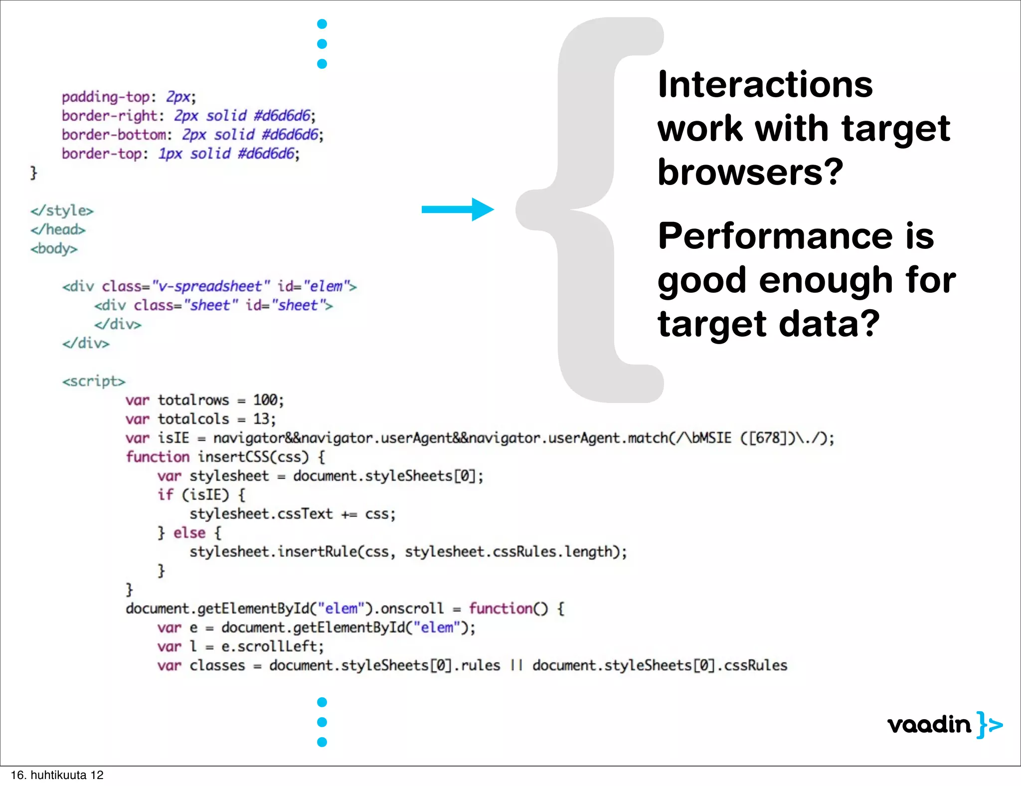 Interactions
                    work with target
                    browsers?
                    Performance is
                    good enough for
                    target data?




16. huhtikuuta 12
 