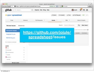 https://github.com/jojule/
                       spreadsheet/issues




16. huhtikuuta 12
 