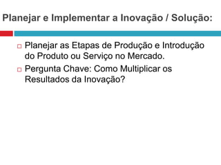 Planejar e Implementar a Inovação / Solução:




Planejar as Etapas de Produção e Introdução
do Produto ou Serviço no Mercado.
Pergunta Chave: Como Multiplicar os
Resultados da Inovação?

 