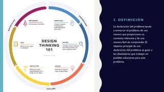 2 . D E F I N I C I Ó N
La declaración del problema ayuda
a enmarcar el problema de una
manera que proporcione un
contexto relevante y de una
manera fácil de comprender. El
objetivo principal de una
declaración del problema es guiar a
los diseñadores que trabajan en
posibles soluciones para este
problema.
 