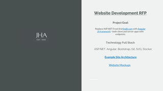 Website Development RFP
Project Goal:
Replace ASP.NET Front End jhalit.com with Angular
JS framework - both client and server apps with
endpoints
Technology Full Stack
ASP.NET, Angular, Bootstrap, Git, SVG, Docker
Example Site Architecture
Website Mockups
 