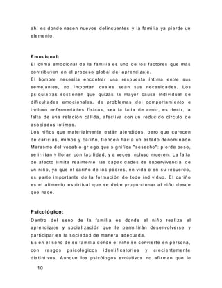 10
ahí es donde nacen nuevos deli ncuentes y la fami li a ya pi erde un
elemento.
Emocional:
El cli ma emoci onal de la fami li a es uno de los factores que más
contri buyen en el proceso global del aprendi zaje.
El hombre necesi ta encontrar una respuesta ínti ma entre sus
semejantes, no i mportan cuales sean sus necesi dades. Los
psi qui atras sosti enen que qui zás la mayor causa i ndi vi dual de
di fi cultades emoci onales, de problemas del comportami ento e
i ncluso enfermeda des físi cas, sea la falta de amor, es deci r, la
falta de una relaci ón cáli da, afecti va con un reduci do círculo de
asoci ados ínti mos.
Los ni ños que materi almente están atendi dos, pero que carecen
de cari ci as, mi mos y cari ño, ti enden haci a un estado denomi n ado
Marasmo del vocablo gri ego que si gni fi ca "sesecho": pi erde peso,
se i rri tan y lloran con faci li dad, y a veces i ncluso mueren. La falta
de afecto li mi ta realmente las capaci dades de supervi venci a de
un ni ño, ya que el cari ño de los padres, en vi da o en su recuerdo,
es parte i mportante de la formaci ón de todo i ndi vi duo. El cari ño
es el ali mento espi ri tual que se debe proporci onar al ni ño desde
que nace.
Psicológ ico:
D entro del seno de la fami li a es donde el ni ño reali za el
aprendi zaje y soci ali zaci ón que le permi ti rán desenvolverse y
parti ci par en la soci edad de manera adecuada.
Es en el seno de su fami li a donde el ni ño se convi erte en persona,
con rasgos psi cológi cos i denti fi catori os y creci entement e
di sti nti vos. Aunque los psi cólogos evoluti vos no afi r man que lo
 