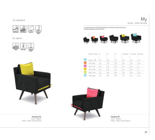 45
En standard
Design - Didier Versavel
My
.............................................................................................................................
Fauteuil XL
Tissu : Editeur
Pieds : Hêtre teinté Praline
......................................................................................................................
Fauteuil M
Tissu : Editeur
Pieds : Hêtre teinté Praline
DÉHOUSSABLE ASSISE MOUSSE PIEDS BOIS SURPIQURE
SIMPLE
En option
TENDU PASSE-POIL SURPIQURE
DOUBLE
Le programme My a été développé d’après les résultats de l’étude de mesures
antropomorphiques meneé par l’IFTH.
taille humaine L. P. H. H.assise P. assise Ml tissu
jusqu’ à 155 57 68 73 39 40 4.5
155 >165 62 70 75 42 42 4.5
165 > 175 66 76 78 44 45 5
175 > 185 69 78 81 45 48 5
185 > 195 72 82 84 52 50 5.6
195 et plus 75 87 89 57 55 6.5
XS
S
M
L
XL
XXL
 