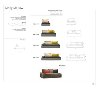 69
Melly Mellow
MELL CHAU
MELL F195
MELL F220
MELL F256
Intégralement déhoussable
Hauteur d’assise : 41 cm
Profondeur assise : 50 cm
Hauteur accoudoir : 46 cm
MELL F220
Tissu Editeur
Carcasse
Hêtre et panneaux collés agrafés
Mousse contre-collée
Sous-housse ouatine + jersey
Assise
Mousse HR 38 kg, épais. 6 cm (Bultex)
recouverte d’une housse ouatine
Dossier
1/2 duvet de canard neuf 60%
duvet synthétique 40%
Profondeur
 