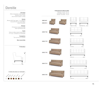 95
Doreille
DORE F150
DORE FA11
DOREFAUT
DORE F170
DORE F190
DORE F230
DORE F210
88
90
Fauteuil I11 m 80 cm Maxi Fauteuil I12 m 110 cm
1,5 Pl. I 13 m 150 cm
2 Pl. I 13,5 m 170 cm
2,5 Pl. I 14 m 190 cm
3 Pl. I 14,5 m 210 cm
3,5 Pl. I 15 m 230 cm
6 teintes de socles sur commande
BanquiseW
engé
Acajou
Toundra
N
oix
M
anganèse
Praline Carcasse
Hêtre et panneaux collés agrafés
Mousse contre-collée
Sous-housse ouatine + jersey
Assise
Mousse HR 37 kg, épais. 11 cm (Bultex)
recouverte de 6 cm ouate 300 gr
Assise monobloc
Dossier
1/2 duvet de canard neuf 60%
duvet synthétique 40%
Socle
Socle en chêne massif teinté vernis
H. 16 cm, 12 teintes sur commande
Surpiqûres
Ton sur ton ou lin naturel
Non convertible
Profondeur
Intégralement déhoussable
Hauteur d’assise : 45 cm
Profondeur assise : 55 cm
Hauteur accoudoir : 55 cm
 