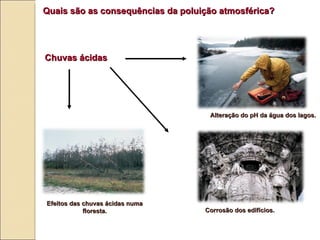 Quais s ão  as consequências da poluição atmosférica? Chuvas  á cidas Alteração do pH da água dos lagos. Efeitos das chuvas ácidas numa floresta. Corrosão dos edifícios. 
